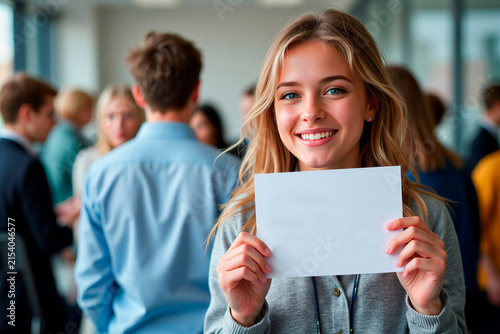 Young woman holding a blank certificate mock-up in a professional setting, smiling
