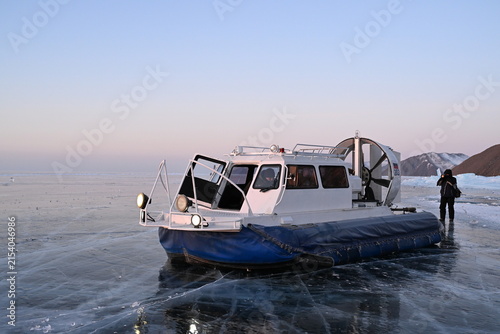 Hovercraft on Lake Baikal in winter. Olkhon Gate Strait