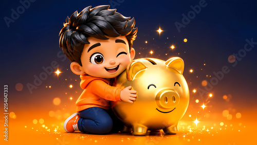 3D Chibi Child Hugging Golden Piggy Bank 