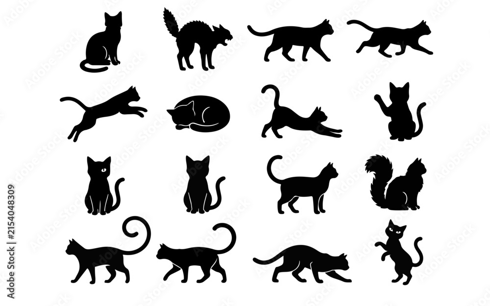 Obraz premium Black Cat Halloween Silhouette Icon Set in Black and White