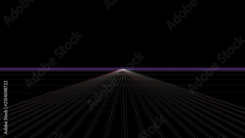 Retro synthwave grid horizon glowing with neon perspective lines over a black void.