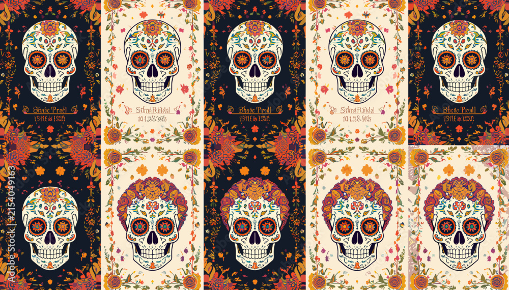 Fototapeta premium A vibrant collage of Day of the Dead sugar skulls adorned with intricate floral patterns and traditional Mexican motifs, celebrating Dia de los Muertos.