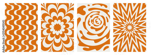 Retro groovy swirl wave patterns set. Abstract caramel cream wavy backgrounds collection. Funky spiral liquid toffee splashes, peanut butter texture 