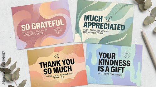 Set of four grateful and thank you greeting cards with grateful appreciation kindness stationery greeting typography
