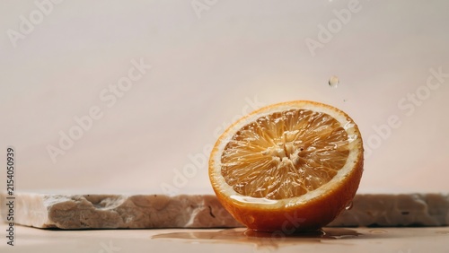 A vibrant orange slice resting on a rough stone surface, with water droplets dripping down the side of the fruit in a bright, clean environment
