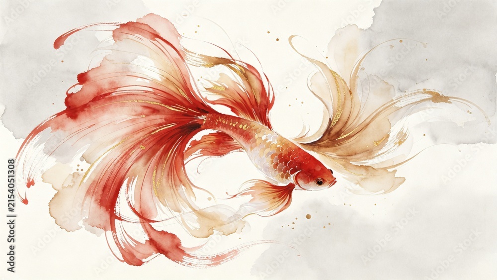 Fototapeta premium Graceful Red Koi Fish with Flowing Fins in Minimal Watercolor Painting