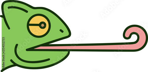 Quadro su tela Cartoon Chameleon Head with Long Pink Tongue Extended Outwards