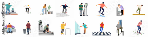 Set of vector illustrations featuring diverse people skateboarding and performing various everyday urban activities, isolated on a white background.