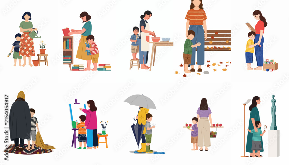 Fototapeta premium Flat vector illustration set of mothers and children engaging in diverse daily activities and bonding moments together on a white background.