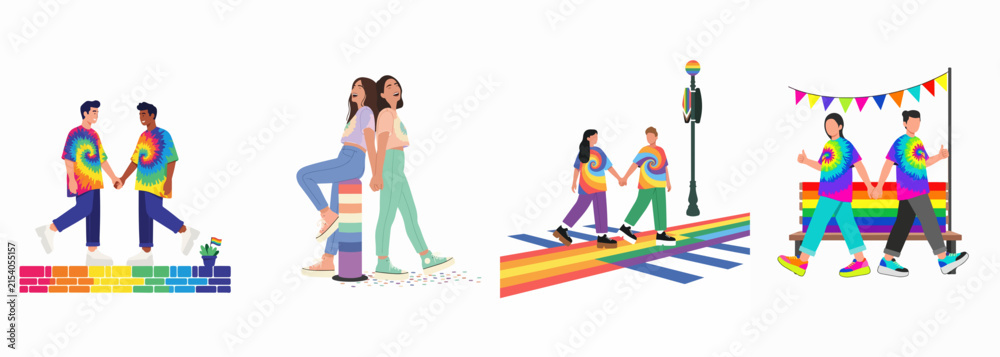Fototapeta premium Collection of diverse LGBTQ+ couples and friends celebrating pride month with rainbow clothing and colorful urban settings.