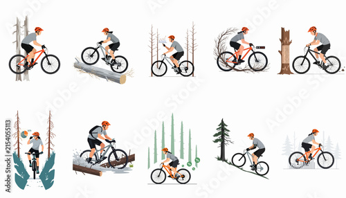 A collection of flat vector illustrations featuring mountain bikers navigating various forest trails, obstacles, and mountain terrain in a clean graphic style.