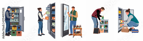 Set of flat illustrations featuring people restocking and organizing various beverages in different refrigerators and display cases on a white background.
