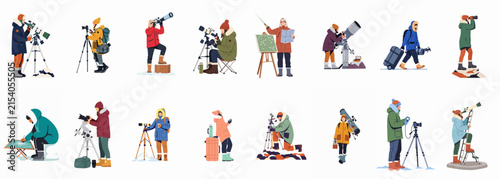 A comprehensive set of flat vector illustrations depicting various outdoor hobbyists, explorers, and observers using telescopes, cameras, and binoculars in winter attire.