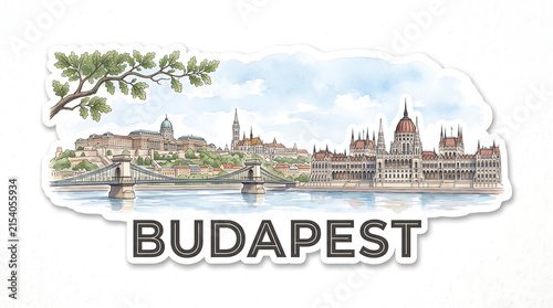 Budapest  skyline, watercolor sticker, pastel tones, travel concept