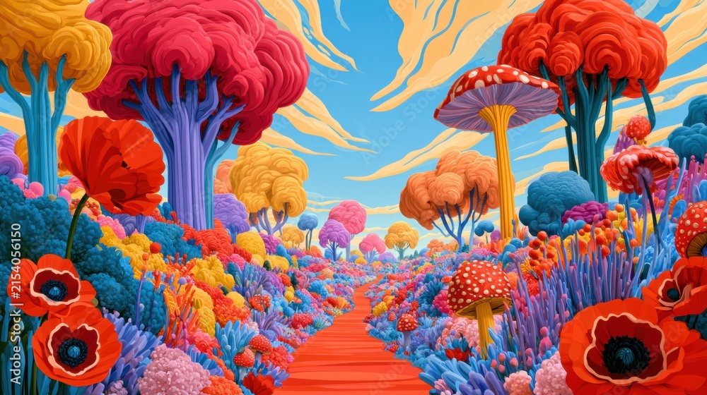 Fototapeta premium A cartoon scene shows a winding path through a lively forest with bright trees and many flowers. It captures a playful and vivid landscape.