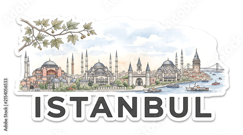 Stanbul skyline, watercolor sticker, pastel tones, travel concept