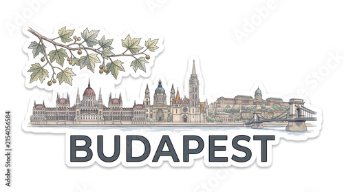 Budapest skyline, watercolor sticker, pastel tones, travel concept