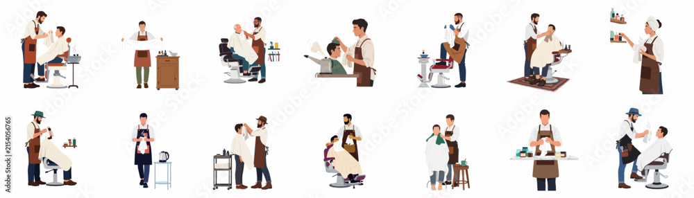 Fototapeta premium Diverse collection of flat barbershop and hair salon illustrations featuring professional barbers, stylists, and clients in various grooming and styling scenarios.