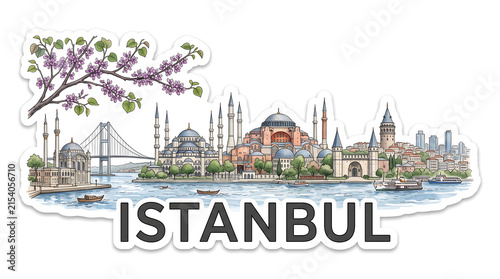 Istanbul skyline, watercolor sticker, pastel tones, travel concept