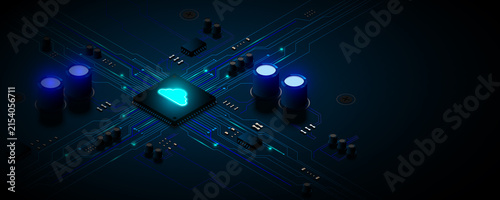 Technology background featuring circuit boards, cloud data collection networks, processors, and software.