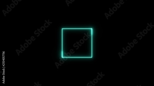A neon square frame cyan color laser line on black background. Square rectangle picture frame with three tine neon animation.