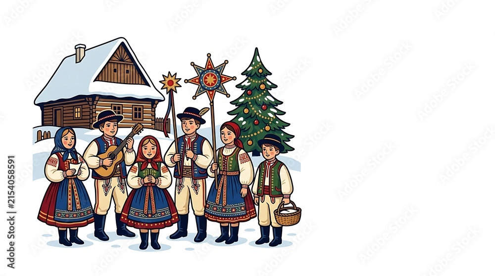 Naklejka premium Christmas Tree and Snowman Outside a Cozy House with Festive Ornaments, Gifts, Snow, and Winter Holiday Decorations Cartoon Vector Illustration:::