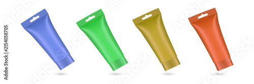Colorful cosmetic tubes floating on transparent background