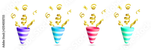 Colorful party poppers exploding with gold confetti transparent background PNG