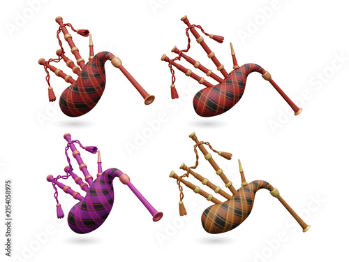 Colorful bagpipes in tartan patterns on transparent background
