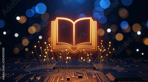 Glowing digital book icon on circuit board background, futuristic e-learning and online education concept, neon orange open book symbol for digital library and modern literacy technology.