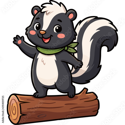 Cute cartoon skunk standing on a log