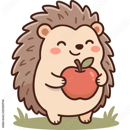 Adorable Hedgehog with Apple: A cute, cartoon hedgehog smiles joyfully while holding a ripe red apple, surrounded by a patch of green grass.