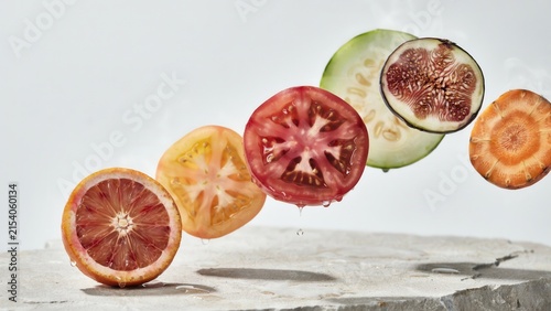 Fresh fruit and vegetable slices, including orange, tomato, fig, and carrot, floating above a textured stone surface against a white background
