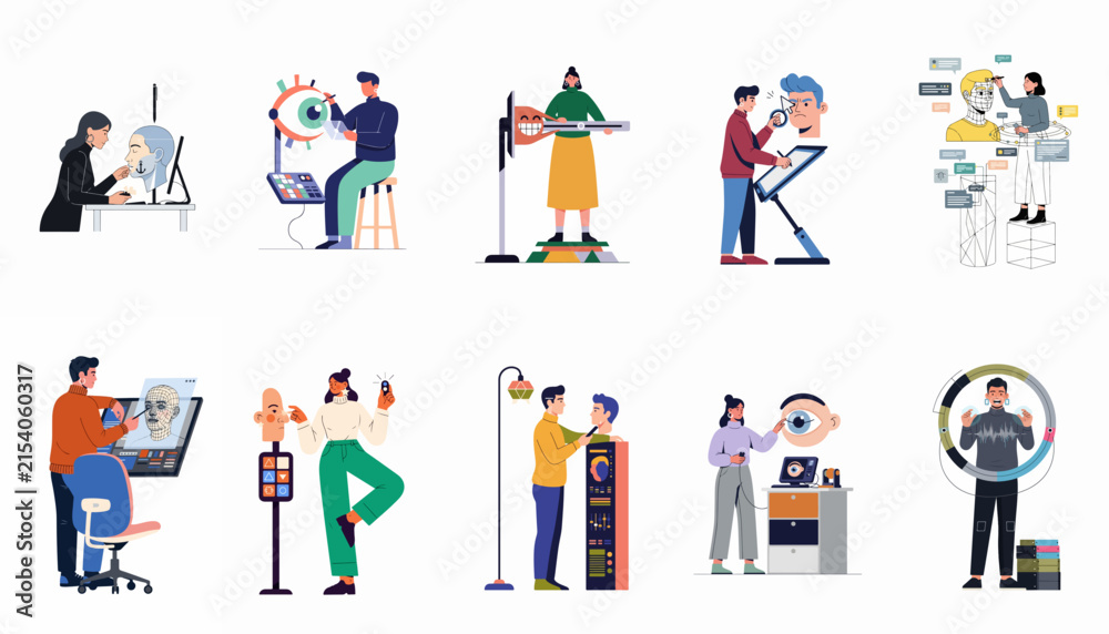 Fototapeta premium Collection of Flat Vector Illustrations Featuring Professionals and Scientists Working with Advanced Technology, Anatomy Models, and Digital Interfaces in Research and Design.