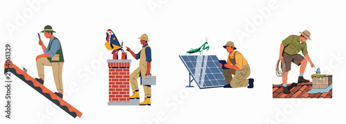 Cuadro en lienzo Flat vector illustrations of technicians and workers discovering nature and biodiversity while working on roofs, solar panels, and chimneys