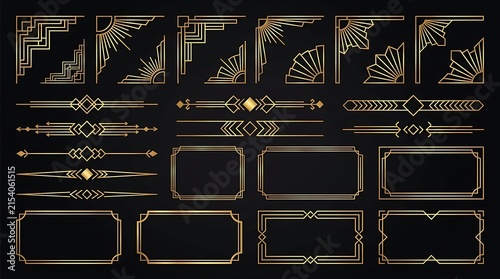 Collection of elegant art deco golden geometric frames and dividers on black background for luxury design elements and decorative borders.