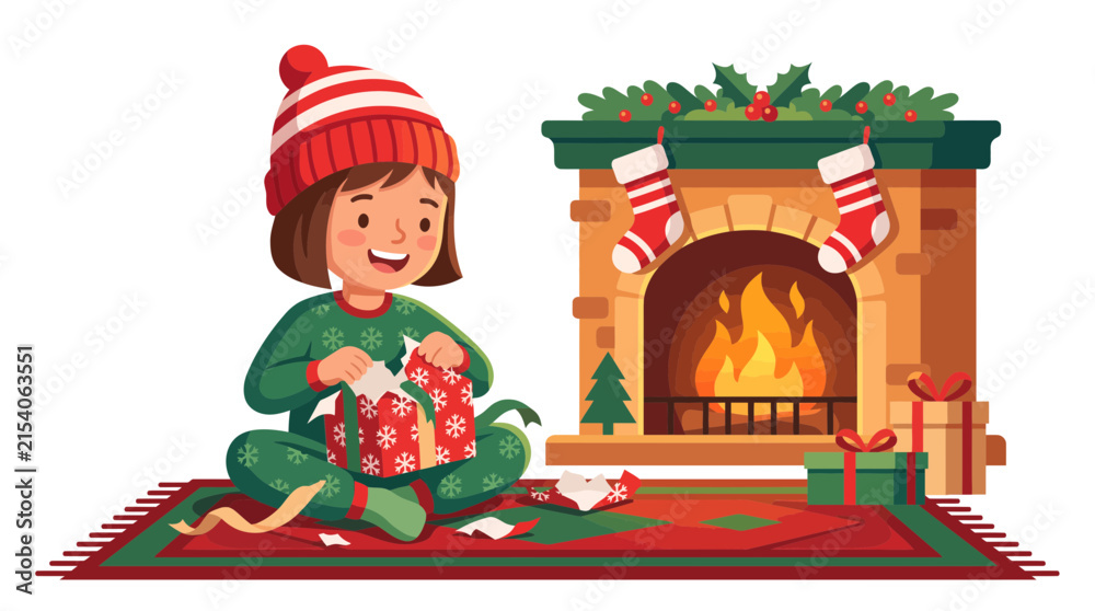 Fototapeta premium Happy young girl opening Christmas presents near a warm brick fireplace in colorful winter pajamas