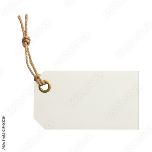 Blank white paper price tag with a rustic twine string isolated on a transparent background