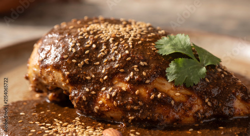 A hyper-realistic macro photograph focusing on the glossy, shimmering surface of mole poblano coating a chicken breast, garnished with a sprinkle of toasted sesame seeds.