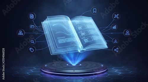 Futuristic digital book hologram glowing on high-tech pedestal. Virtual library ebook concept with floating data icons. Cyberpunk online education and interactive knowledge database. Transparent