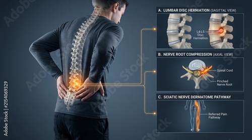 Lumbar disc herniation medical illustration showing nerve root compression and sciatic nerve dermatome pathway, man with lower back pain and spinal injury