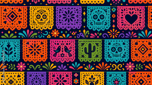 Vibrant Papel Picado Bunting with Traditional Mexican Folk Art Motifs.