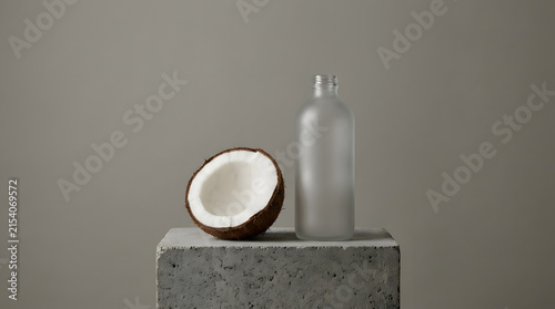 Clear glass bottle of coconut oil with sliced nut piece on rustic stone block pedestal.