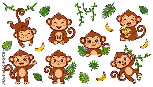 Photography Set of cute cartoon monkey vector illustrations featuring happy little chimps ha