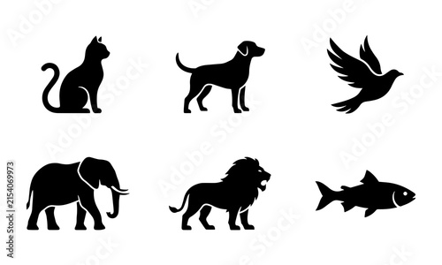 Black animal silhouettes collection including domestic pets and wild wildlife species for versatile graphic projects.