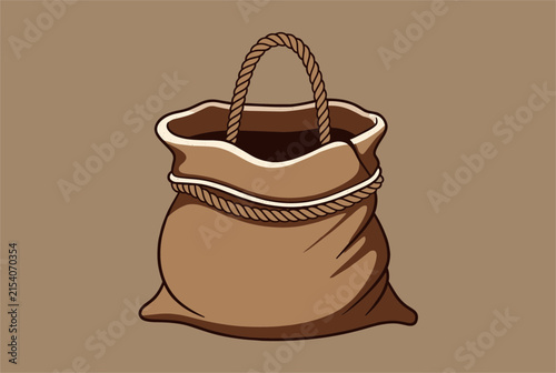 Empty open brown burlap sack bag with sturdy rope handles is presented in a simple illustration on a grey background.