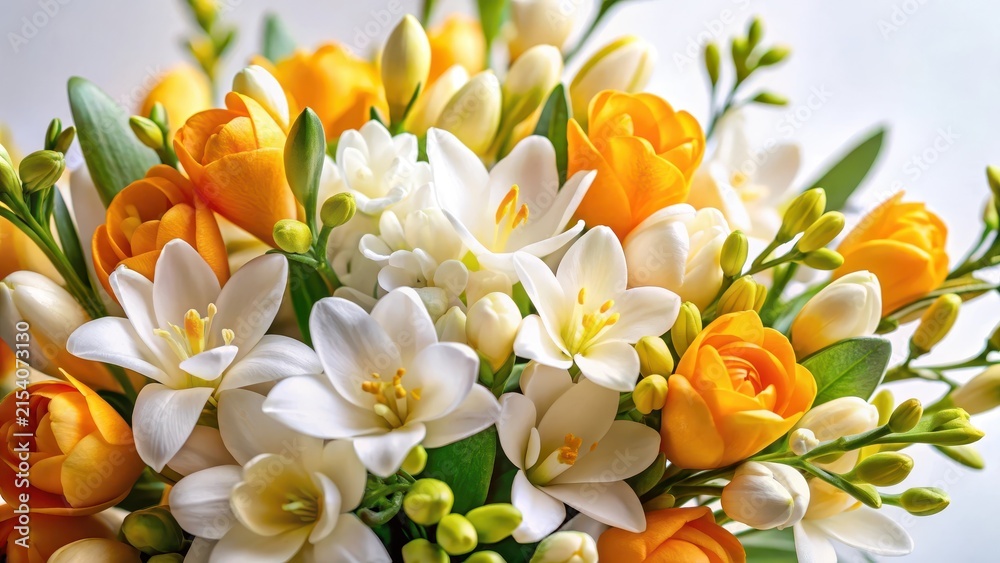 Fototapeta premium Freesia and neroli flowers corner white background
