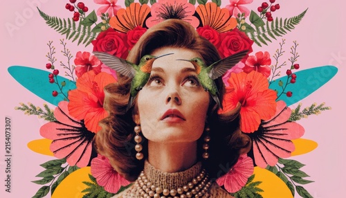 Surreal floral portrait of a woman with hummingbirds and vintage pearl jewelry in vibrant colorful botanical collage