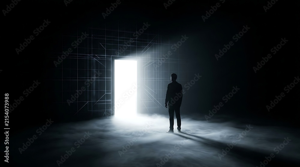 Naklejka premium Silhouette man standing in front of bright glowing open door, dramatic light rays, dark room with smoke, concept of new beginning, opportunity or revelation.