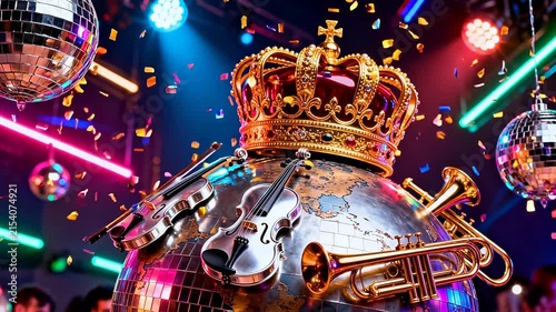 Globe with crown and musical instruments
